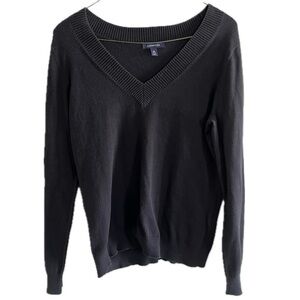 Lands’ End Women V Neck Sweater Cotton Blend Black/Navy M 10-12